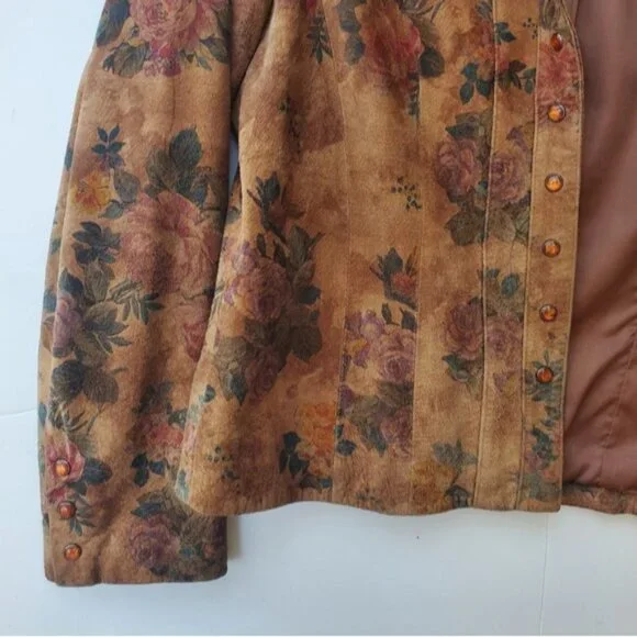 Leather Suede Jacket Cottagecore Romantic Floral Snap Down Vintage - Picture 4 of 16